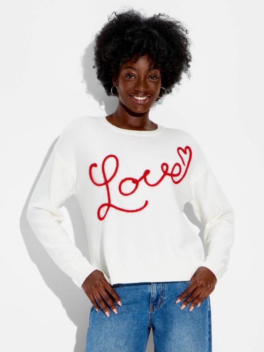 White Crewneck Sweater with Red 'Love' Script b114se